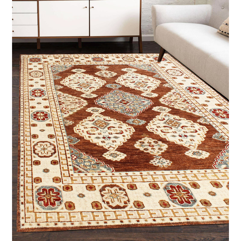Tapis noué à la main en laine terracotta et ivoire à motif géométrique traditionnel en médaillon, Rectangulaire 8 pi x 10 pi
