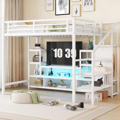 Full Size Metal Loft Bed With TV Cabinet, Kids Full Size Loft Bed
