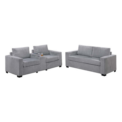 Velours côtelé large, couleur grise 2, avec porte-gobelets et station de charge, accoudoirs carrés de style moderne, pour le salon
