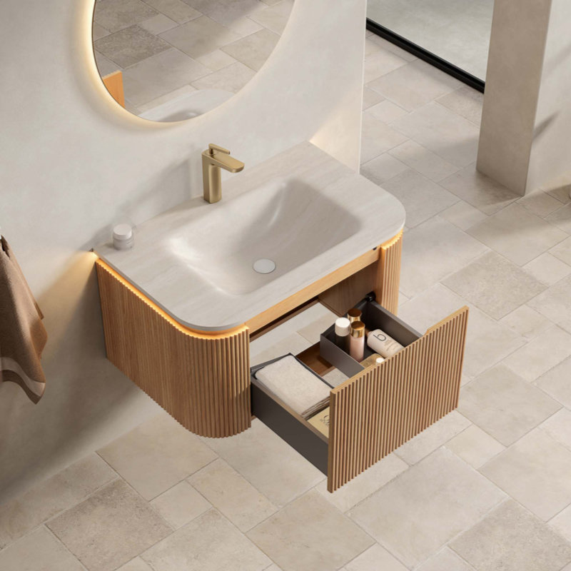 Meuble-lavabo de salle de bain et meuble-lavabo rayé à bords arrondis avec tiroir, lumière à capteur, lavabo intégré en pierre frittée à motif de travertin, pré-assemblé