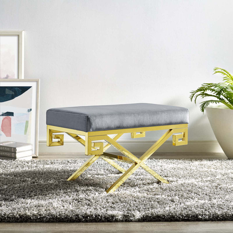 Gray Velvet Upholstered Bench with Gold Stainless Steel Base