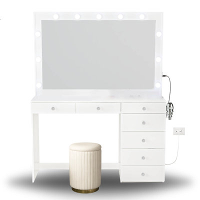 Boahaus Diana LARGE Lighted Vanity Makeup Desk, Big Vanity Mirror with Built-In Lights, Stool, 07 Drawers, C/USB Power Outlet -  Boahaus LLC, W.16.09-23-6105-11B-6203-07-1705-23