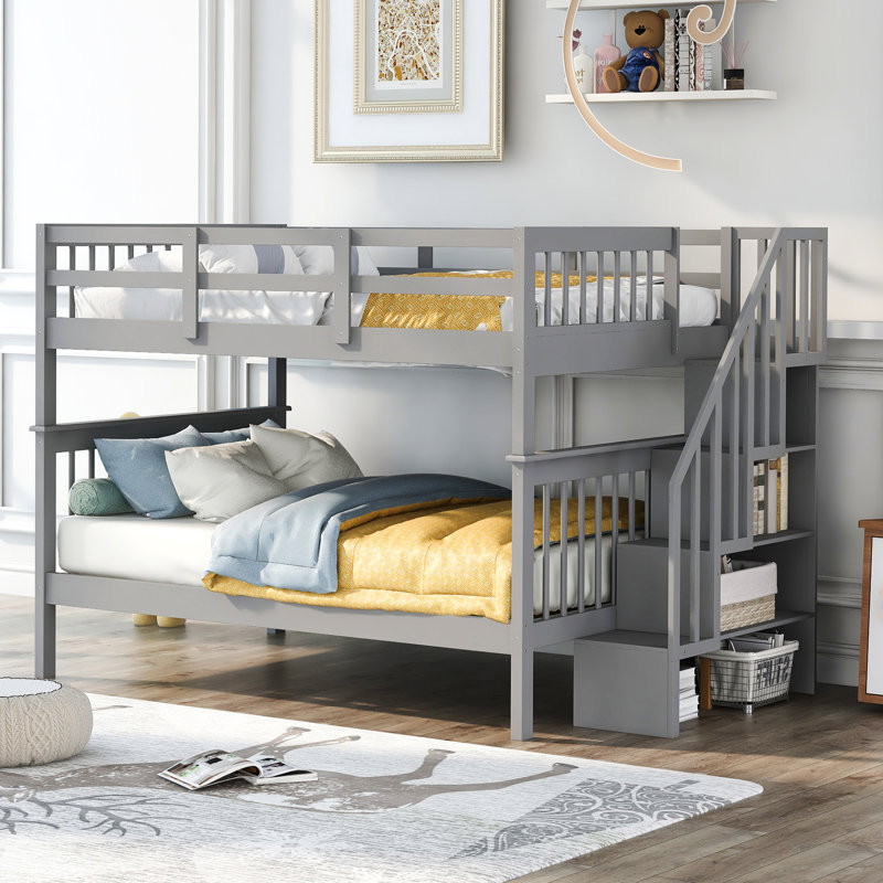 Lit superposé d'escalier gris pour chambre à coucher et dortoir. Barrière de rangement. Fabriqué en bois massif. Rangement étendu. Accès sécuritaire à l'escalier. Options de configuration polyvalentes. Aucune boîte à ressorts nécessaire. 250 lb supérieur,