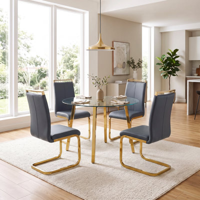 Ensemble de salle à manger moderne de 5 pièces en verre trempé rond avec chaises en similicuir