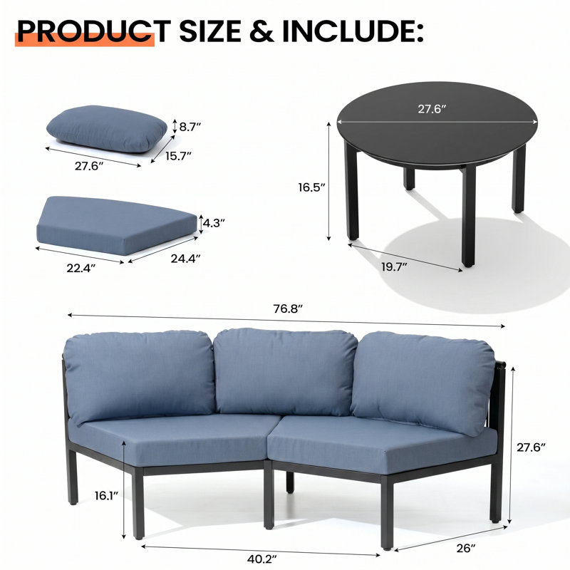 Ensemble de conversation 5 pièces en aluminium coulé avec coussins Sunbrella, Spectrum Denim, Black