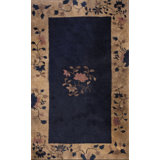 1920s Chinese - Art Deco Knotted Antique Small Scatter Size Blue Rectangle Wool Rug