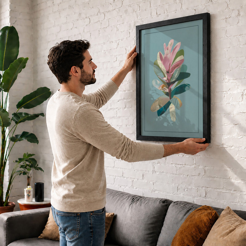 Spired Pink Blossom Botanical - Framed Print, A2 - 59.4 x 42.0 cm, Black