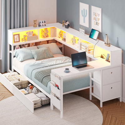 Twin Corner Bed With Bookcase Shelves And 2 Large Drawers,twin Daybed With Led Lights And Charging Station,corner Bed Frame With 39.4"l Desk,2 Fabric by Ivy Bronx