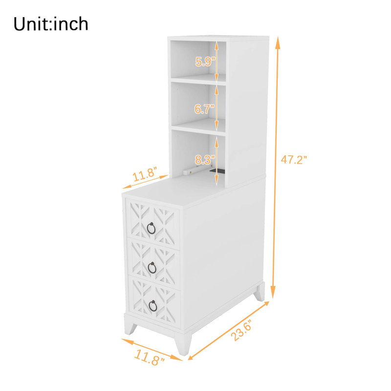 End Table with 3 Drawers, Corner Table with 2 Open Shelves, Tall Side Table for Bedroom and Corner, White