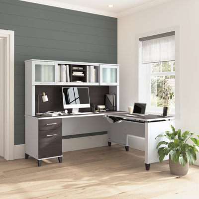 Paelynn 72” L-Shaped Sit to Stand Desk, Hutch, Adjustable Height, Storage, Modern Wood, Storm Gray and White