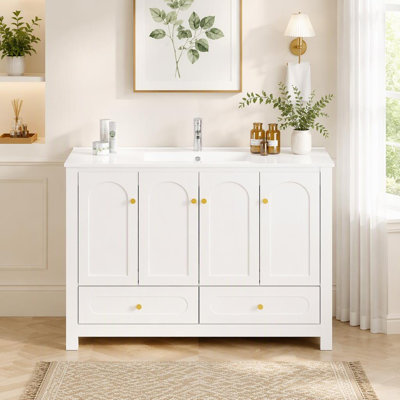 Ensemble de meuble-lavabo 48 po avec lavabo en céramique, armoire de rangement abondante - 4 portes à fermeture douce et 2 tiroirs