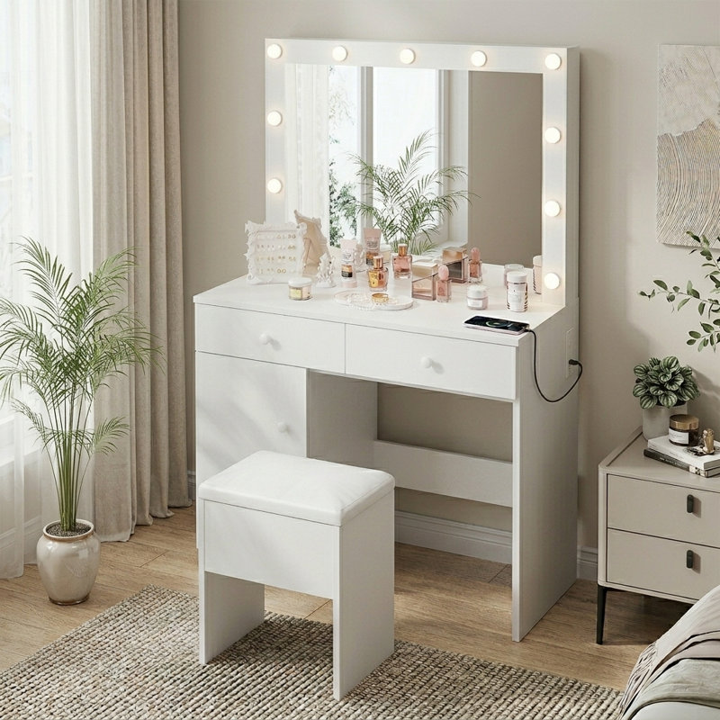 Meuble-lavabo avec miroir éclairé, 2 tiroirs, armoire et prises de courant Carlno