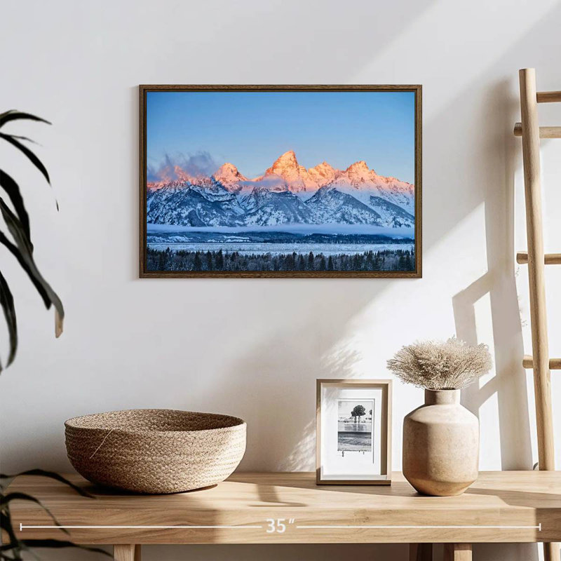 Grand Tetons congelés, 19 po x 13 po, Cadre flottant noyer