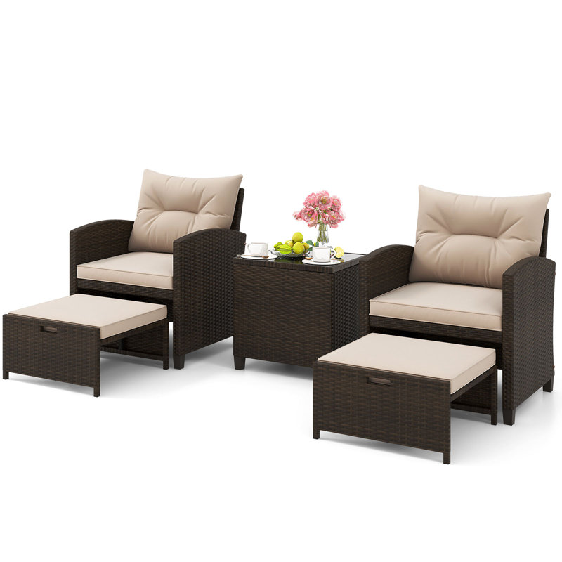 5 PCS Patio Rattan Furniture with 2 Wicker Ottomans & Tempered Glass Coffee Table Mix Brown + Beige