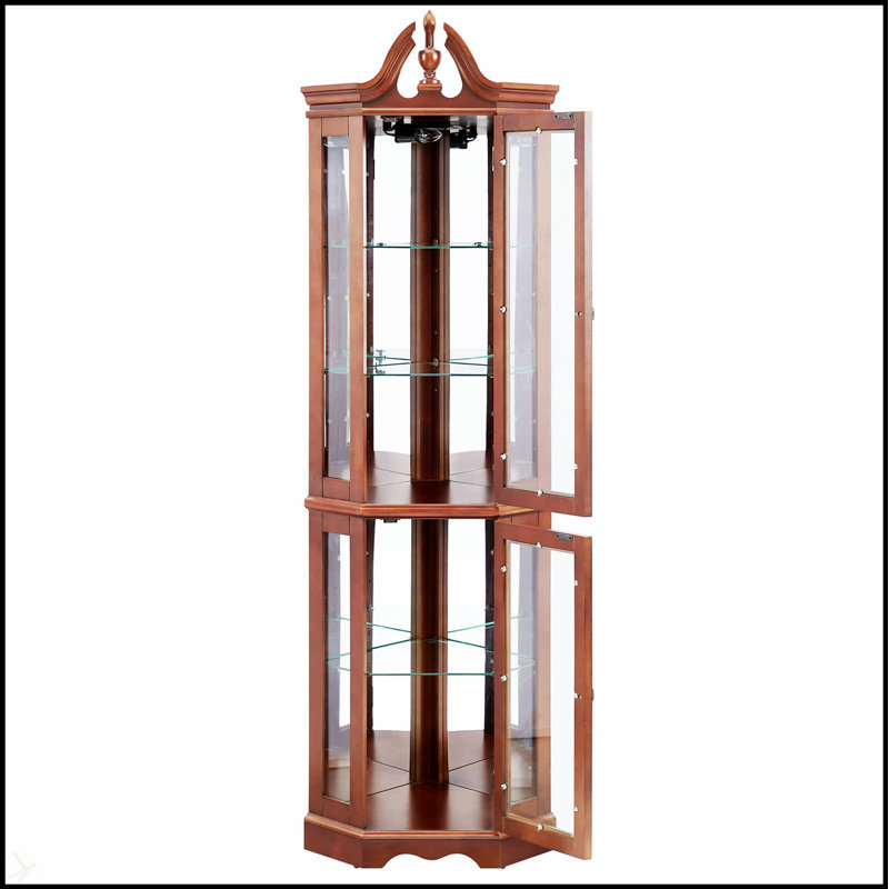 Vitrine de coin en noyer avec lumières DEL, tablettes en verre réglables et dossier en miroir pour un affichage élégant