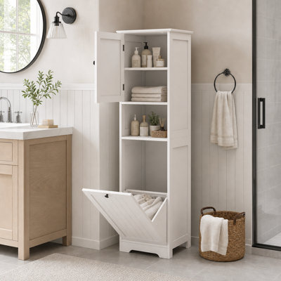 Grande armoire à linge de salle de bain blanche, rangement autoportant avec tablette ouverte et portes