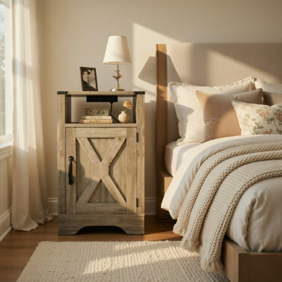 Table de chevet Farmhouse, table de bout rustique en bois, table de chevet haute avec prises de courant - gris clair