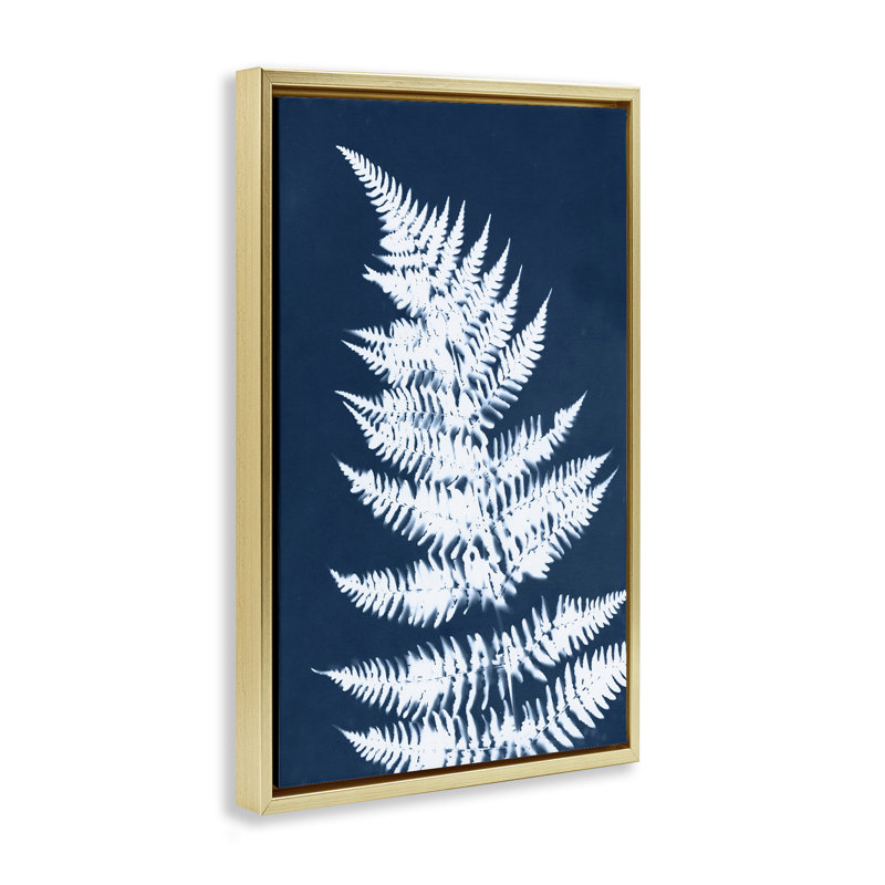 Toile flottante encadrée «Blue & White Fern» par Jason Johnson, H 25 po x l 17 po, Cadre flottant métallique doré