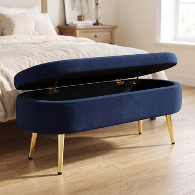Banc de rangement avec repose-pieds ovale en flanelle douce, pieds en métal robustes et compartiment de rangement dissimulé - tabouret polyvalent, sièges supplémentaires et pièce décorative