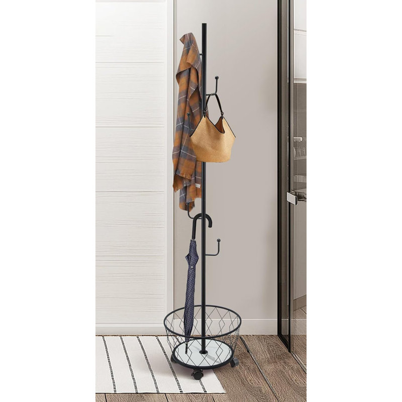 Metal 6-Hook Freestanding Coat Rack with Umbrella Holder, Black