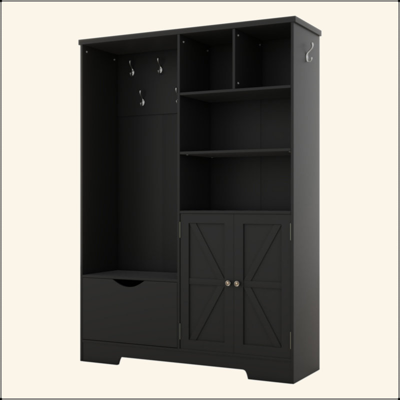 Arbre d'entrée multifonctionnel avec tablettes et tiroirs de rangement, armoire à chaussures élégante avec banc, portemanteau moderne avec crochets pour les entrées de couloir