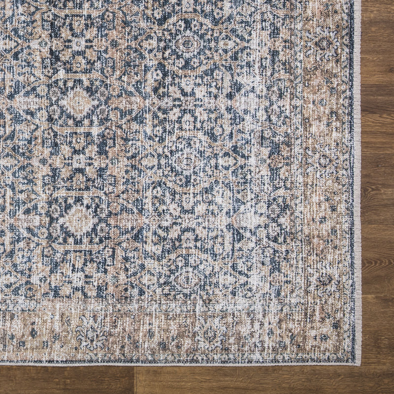 Tapis traditionnel lavable antidérapant 4 x 6 - bleu foncé / brun clair, Rectangle 4pi x 6 pi