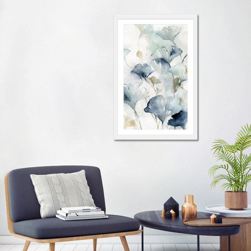 «Indigo Gingko II» par Carol Robinson - reproduction d'art, Papier encadré blanc, H 32 po x l 24 po x P 1 po, Blanc