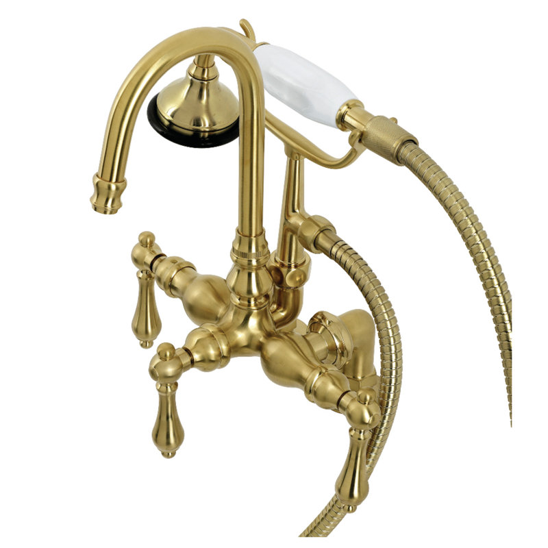 Kingston Brass Aqua Vintage Three-Handle 2-Hole Deck Mount Clawfoot Tub Faucet with Hand Shower, Polished Chrome
