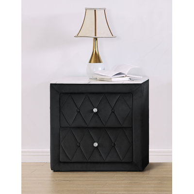 Exquisite Nightstand With Upholstery And Faux Marble Top, Two Storage Drawers For Bedroom Organization And Style