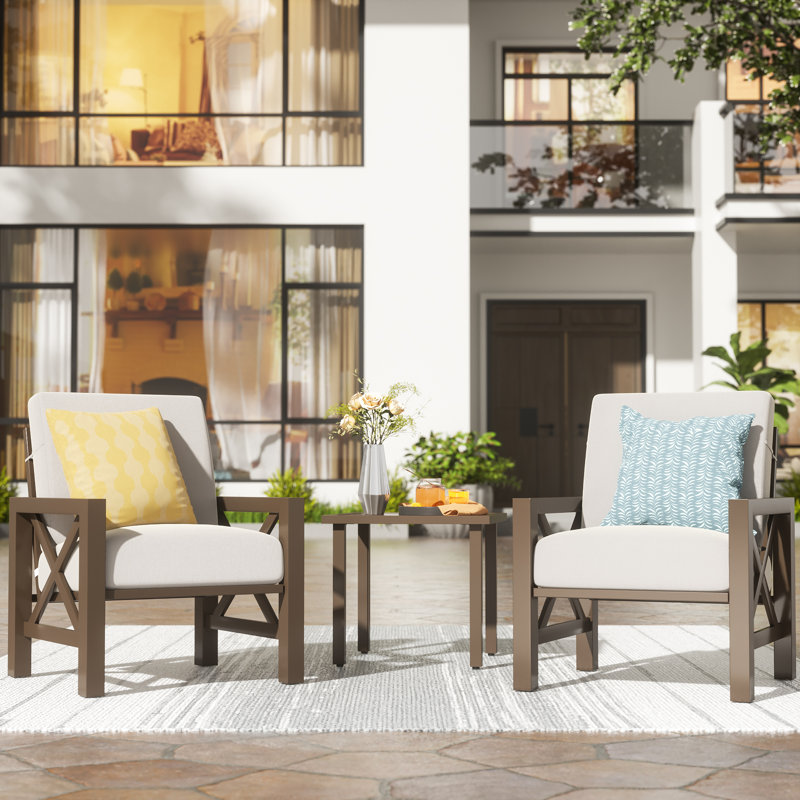 Cazenovia 2 - Person Outdoor Metal Seating Group with 6" Olefin Cushions, Brown Frame /Beige Cushion