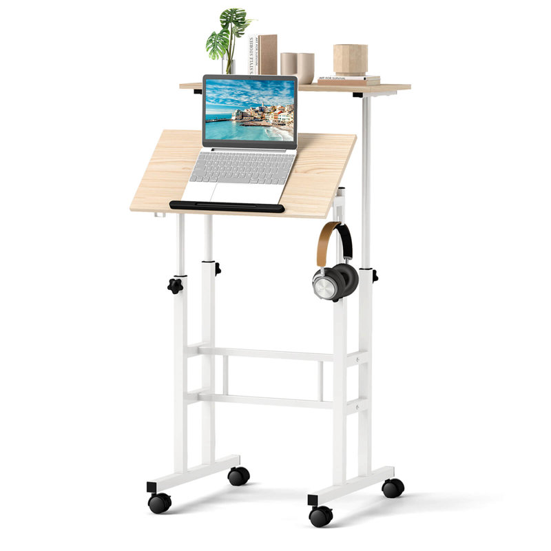 Bureau debout à hauteur ajustable Dol, Naturel / Blanc