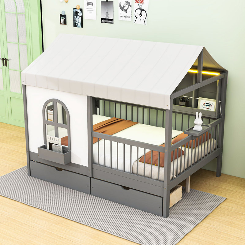 Lit maison avec 2 tiroirs, bibliothèque à DEL et ports de chargement, Gris