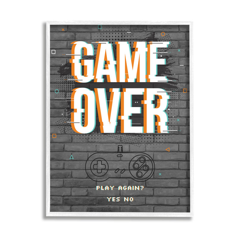 " Game Over Gamer Phrase Retro Controller Brick Pattern ", White Framed, 14" H x 11" W