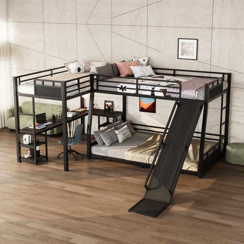 Full XL Over Queen L-Shaped Metal Bunk Bed with Twin XL Loft Bed, Desk, Storage Shelves and Slide, Full XL over Queen