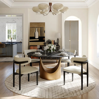 POVISON Modern Sintered Stone Round Dining Table with U-shaped Leg, Seats 4 to 6, Kitchen Table for Living Room