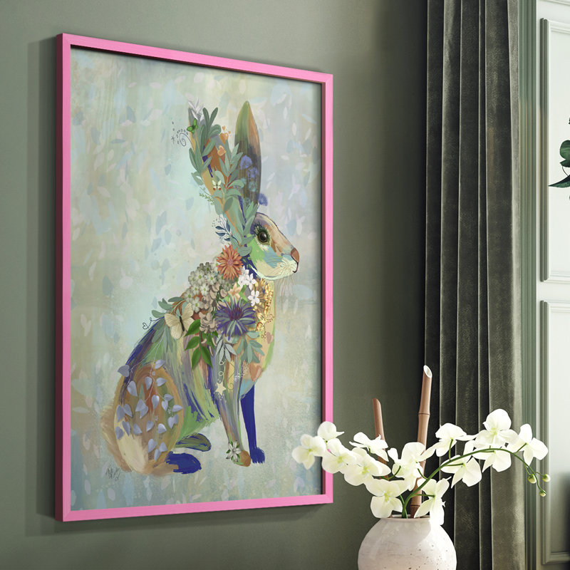 Fantastic Florals Hare, assis, reproduction encadrée - bois massif, Blanc, H 14 po x l 11 po