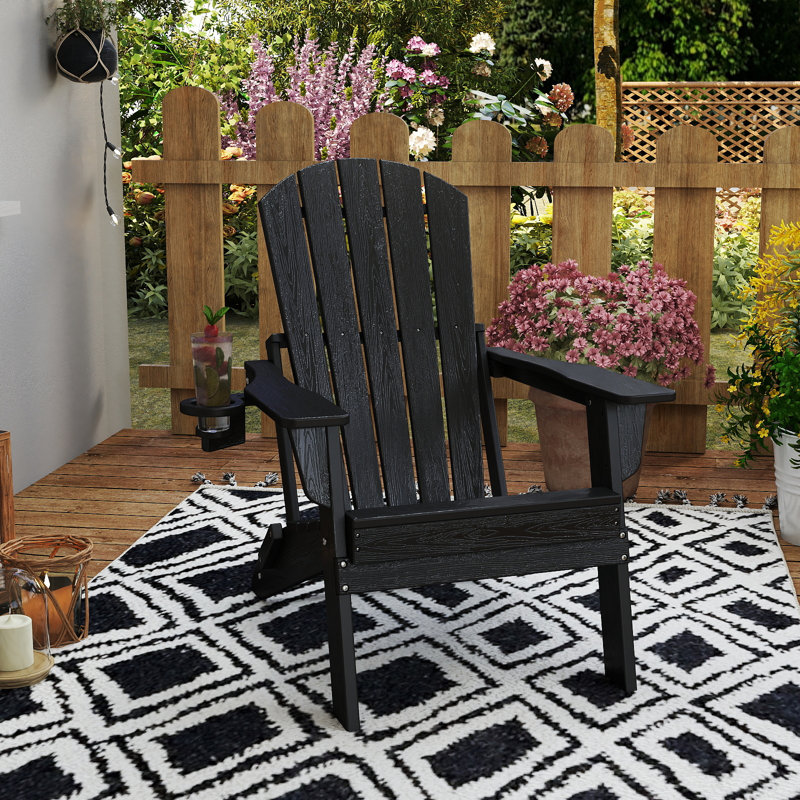 3-Piece Outdoor HDPE Adirondack Seating Set – 2 Foldable Patio Chairs With Cup Holders & 2-Tier End Table, All-Weather Poly Lumber Furniture For Porch, Backyard, Deck & Pool Area