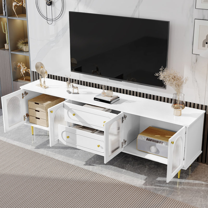 78.7'' Modern TV Stand, TV Cabinet With Five Metal Legs And Metal Handles, 2 Drawers And 2 Cabinets With Fluted Glass Doors For Living Room, Up To 80''