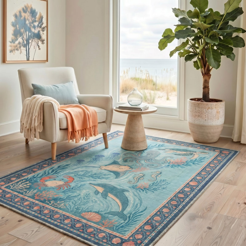 Tapis bleu / rose lavable à la machine avec envers antidérapant, Rectangle 6 pi x 9 pi