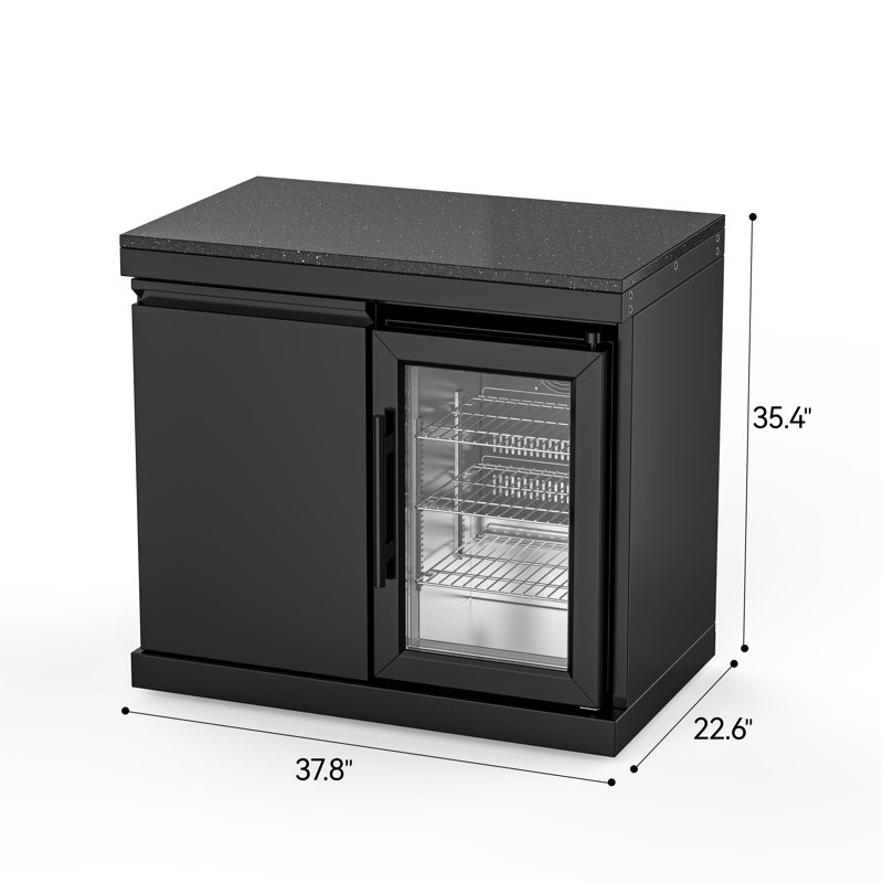 SERA Black Stainless Steel Outdoor Refrigerator Combination Cabinet with Black Granite Countertop, Storage Door, Wheels, 2.4 Cu. Ft. Capacity