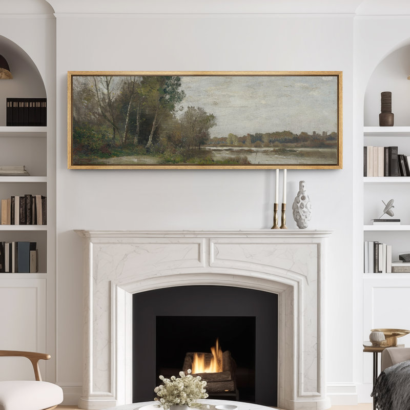 «Countryside Forest River Landscape», très grand art mural encadré, impression sur toile, H 20 po x l 60 po, Naturel