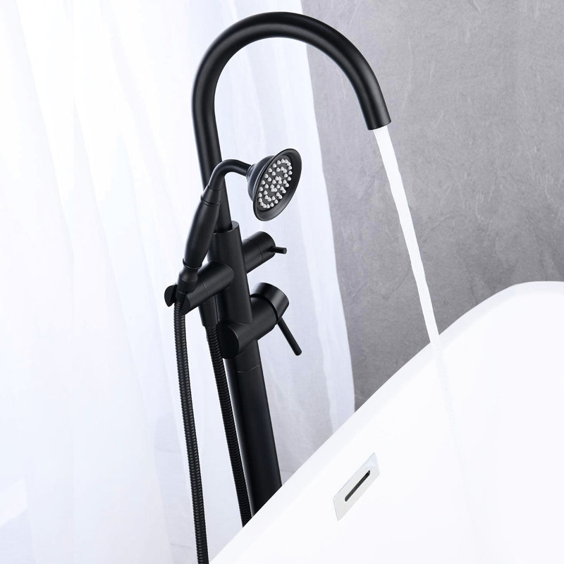 Matte Black Floor Mounted Tub Filler - Diverter For Convenient Water Flow Switching Freestanding With Finish Great Flexibility 59" Hose Hand Shower Bathing