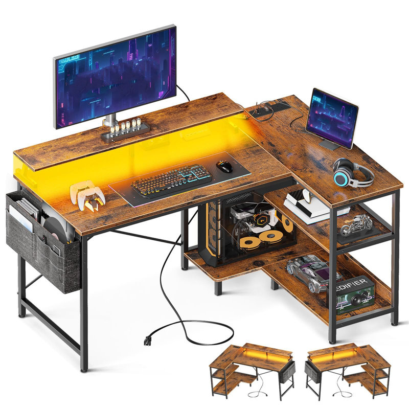 L-Shaped Computer Desk with Built-In Electrical Outlet, Brown