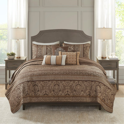 Ensemble de courtepointe 6 pièces avec coussins décoratifs en jacquard brun / or double / grand