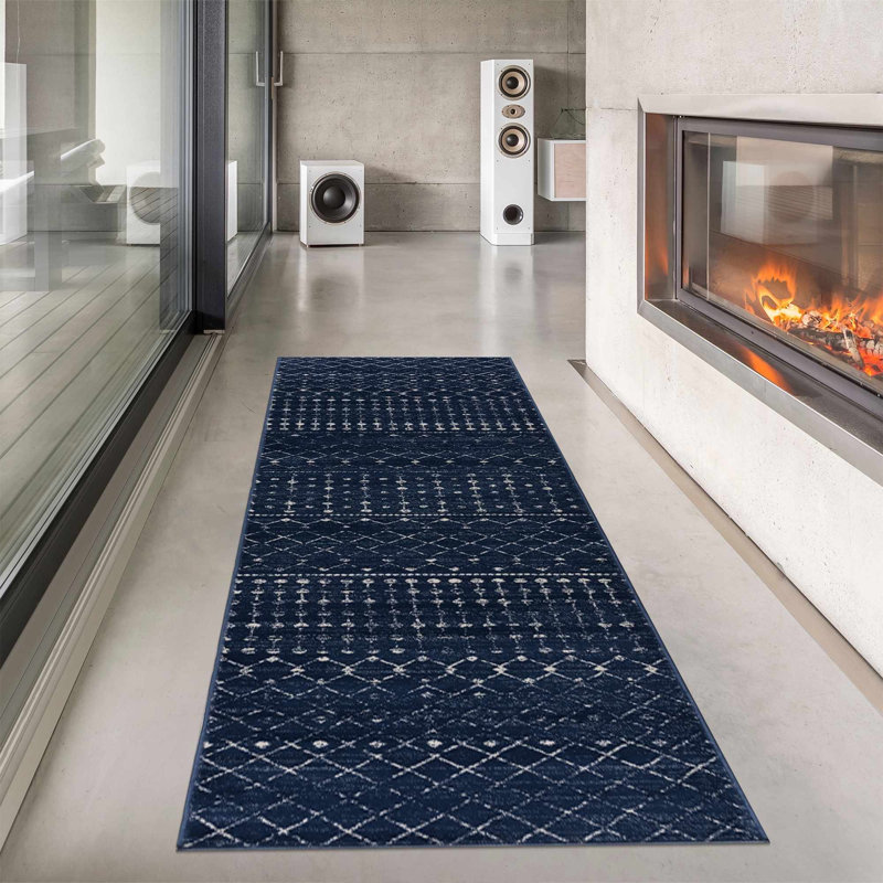 Dounia Transitional Performance Navy Blue/White Area Rug, Runner 2'7" x 10'