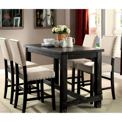 Ensemble de salle à manger en bois noir antique, hauteur de comptoir, 4 chaises, tissu lin beige, style rustique, structure en bois massif.