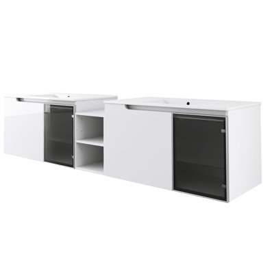 Meuble-lavabo mural 84 po avec lavabo en céramique, portes à fermeture en douceur, meuble-lavabo blanc brillant et demi-porte en verre gris, 1 tablette de rangement petite, armoire combinée, contreplaqué (emballage KD)