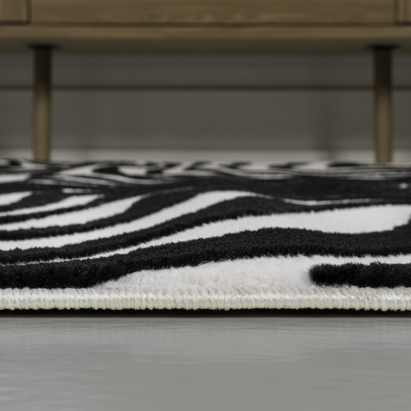 Maribo High-Low Abstract Groovy Striped Black/White Rug, Runner 2' x 8'