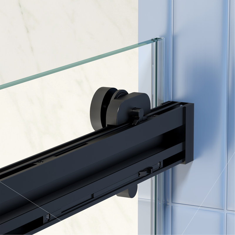 Porte de douche à dérivation, porte coulissante, système de fermeture en douceur, avec verre trempé de 5/16 po et fini noir mat