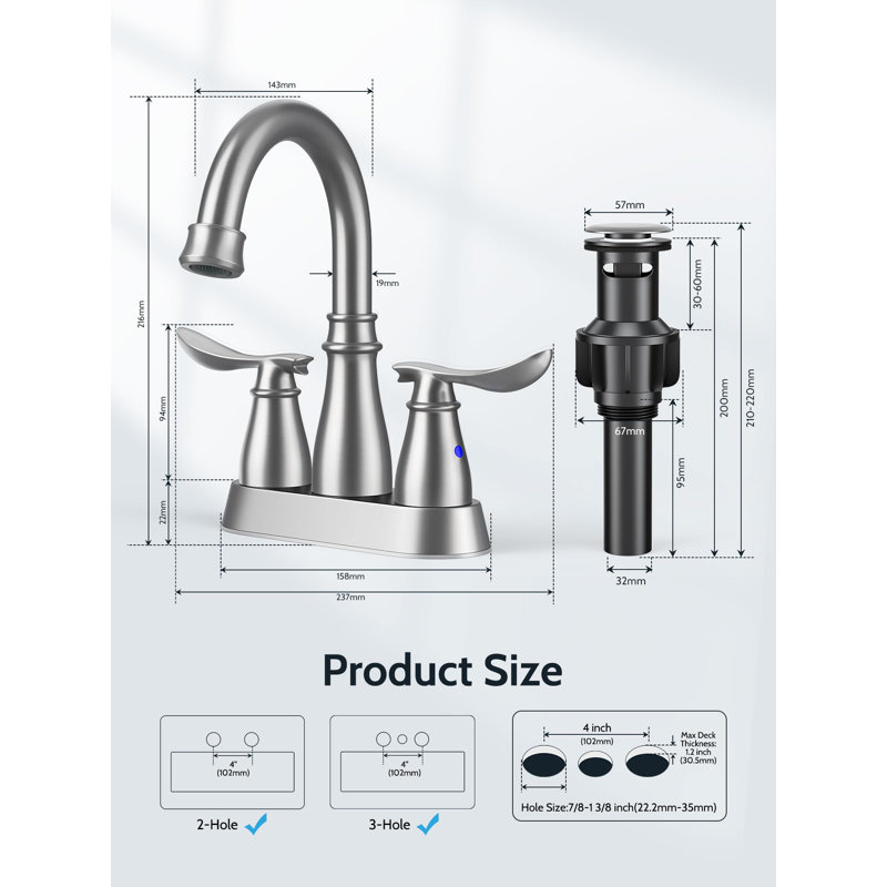 Lead-Free 4" Centerset Bathroom Faucet With Pop-Up Drain & Supply Lines, Brushed Nickel